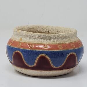 Vintage Native low Rim clay Handmade Glazed Hand painted pottery bowl 4.2"